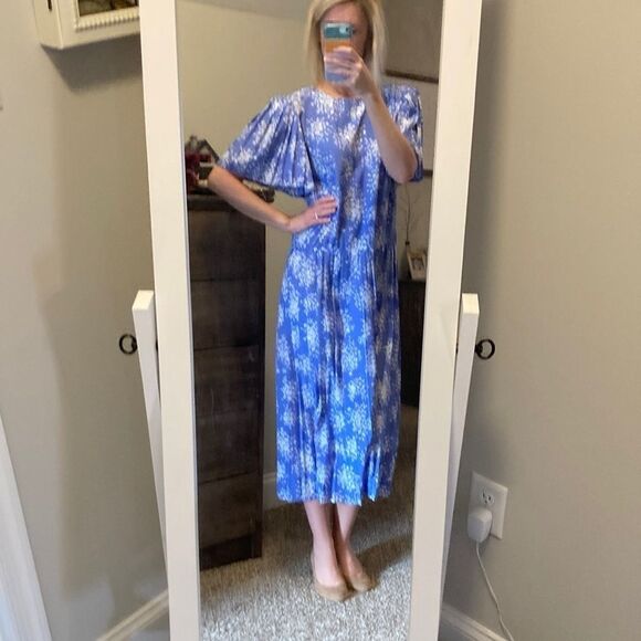 Vintage 90s Maggy Boutique Blue Floral Midi Shortsleeve Summer Dress VNTG Sz 12 - Picture 4 of 16